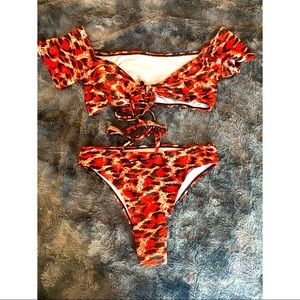 Animal print off the shoulder bikini